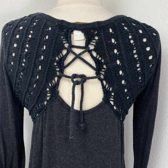 Vintage Havana Black Crochet Knit Top Med Long Sleeves Raw Hem Witchy Goth Boho - Picture 9 of 13